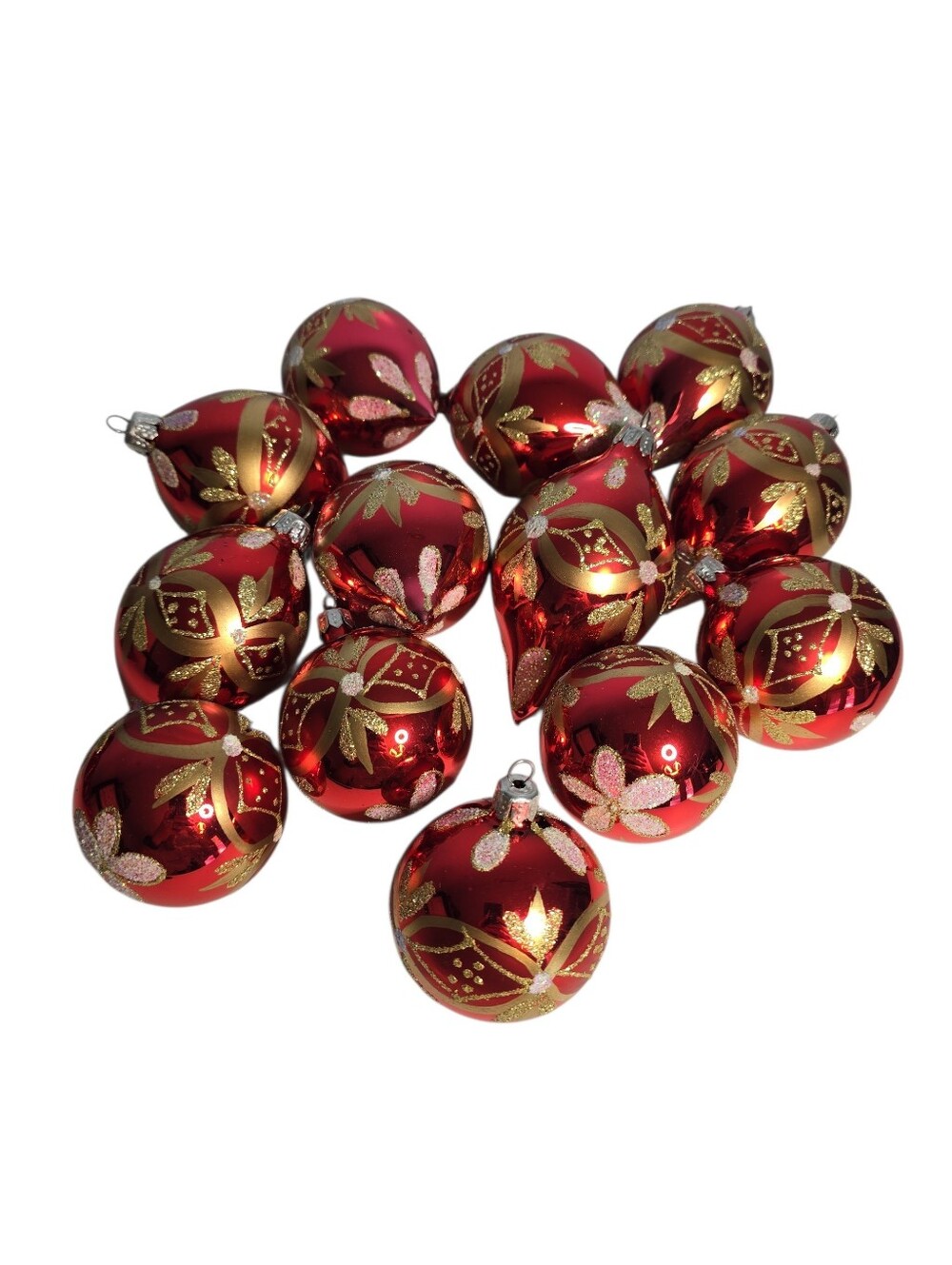 Lot of 13 Red Glass Round and Teardrop Ornaments Handpainted Glitter Floral
